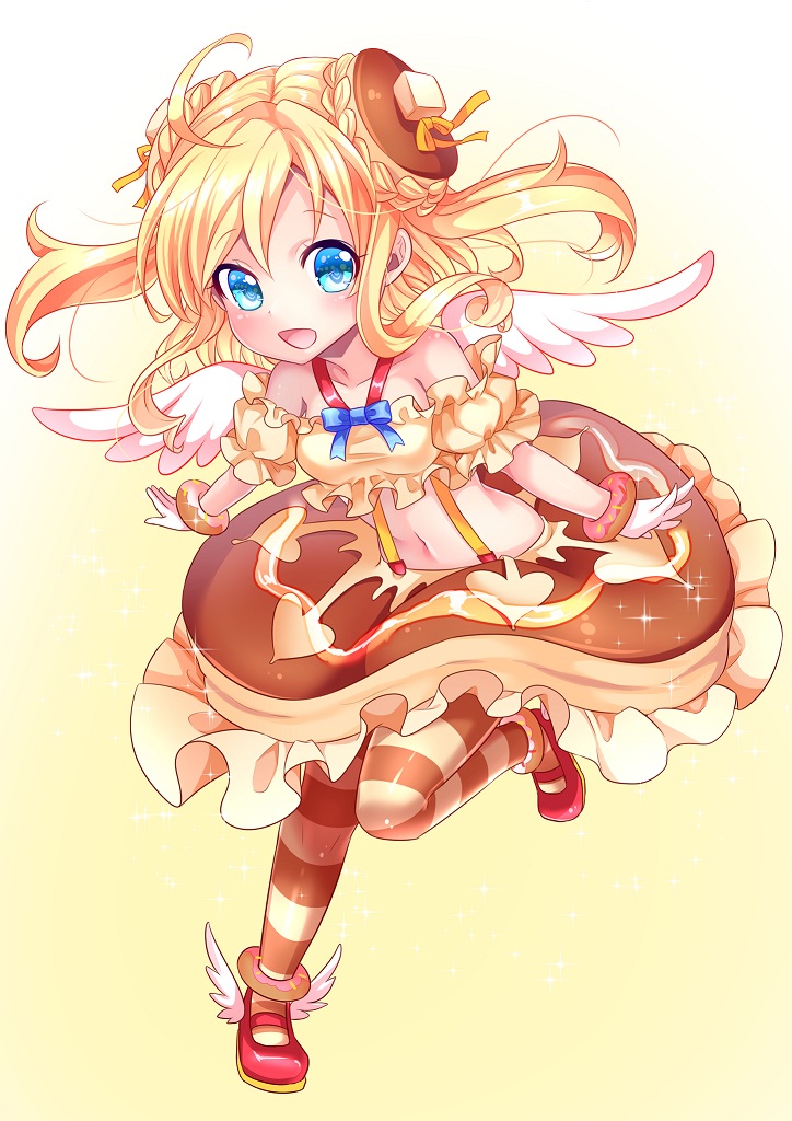 1girl :d ahoge angel_wings asakishoten bad_anatomy blonde_hair blue_eye bracelet brown_skirt butter doughnut food food_themed_clothes food_themed_hair_ornament frilled_skirt frills hair_ornament jewelry looking_at_viewer morinaga_(brand) navel open_mouth pancake_hair_ornament red_footwear shoes skirt smile standing standing_on_one_leg striped striped_legwear suspender_skirt suspenders two_side_up winged_shoes wings