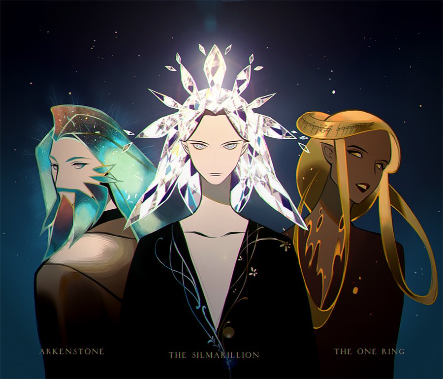 androgynous arkenstone beard blonde_hair crossover crystal_hair dark_skin facial_hair fusion green_hair houseki_no_kuni long_hair looking_at_viewer lord_of_the_rings personification silmarillion silver_hair the_hobbit the_one_ring upper_body