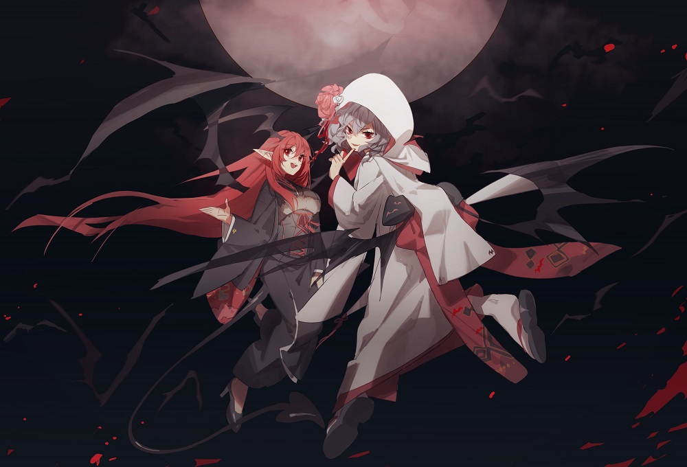 &gt;:) 2girls :d absurdly_long_hair alternate_costume bangs bat_wings breasts commentary floating_hair flying full_body full_moon grey_hair head_wings japanese_clothes kimono koakuma long_hair long_sleeves looking_at_viewer looking_to_the_side medium_breasts moon multiple_girls no-kan obi open_mouth parted_lips pointy_ears red_eyes redhead remilia_scarlet sandals sash smile touhou uchikake very_long_hair white_legwear wide_sleeves wings