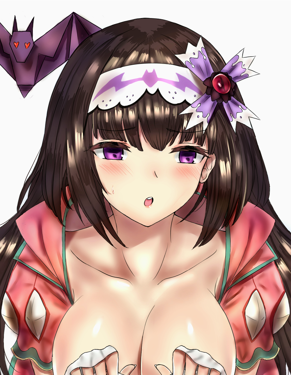 1girl :o arm_warmers bat black_hair blush breasts breasts_outside farys_(afopahqfw) fate/grand_order fate_(series) hair_ribbon hairband highres hood hood_down large_breasts long_hair looking_at_viewer origami osakabe-hime_(fate/grand_order) ribbon solo violet_eyes white_background