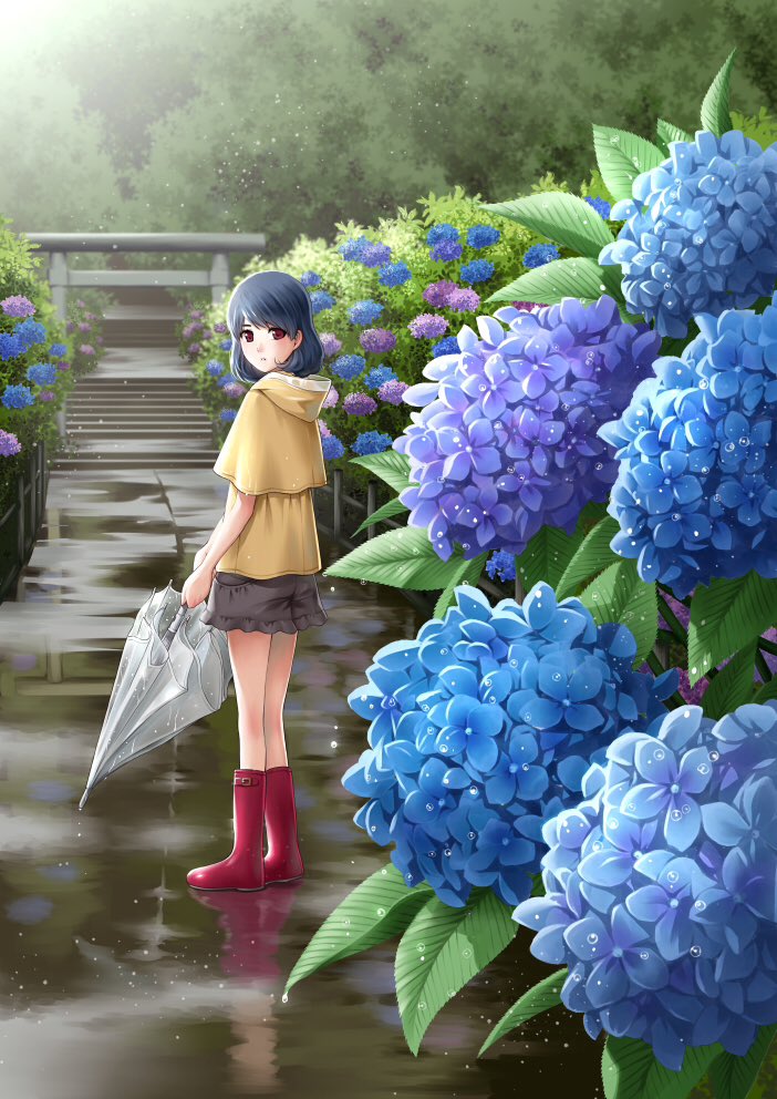 1girl black_skirt boots closed_umbrella domestic_na_kanojo fence flower frilled_skirt frills from_behind looking_at_viewer looking_back outdoors rain raincoat red_footwear rubber_boots sasuga_kei skirt solo tachibana_rui torii umbrella wet