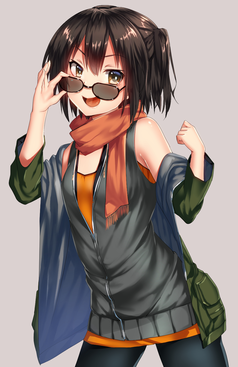 &gt;:d 1girl :d alternate_costume black_legwear brown_eyes brown_hair green_jacket grey_background highres jacket kantai_collection keita_(tundereyuina) long_sleeves open_clothes open_jacket open_mouth orange_scarf pantyhose scarf sendai_(kantai_collection) short_hair simple_background smile solo sunglasses two_side_up