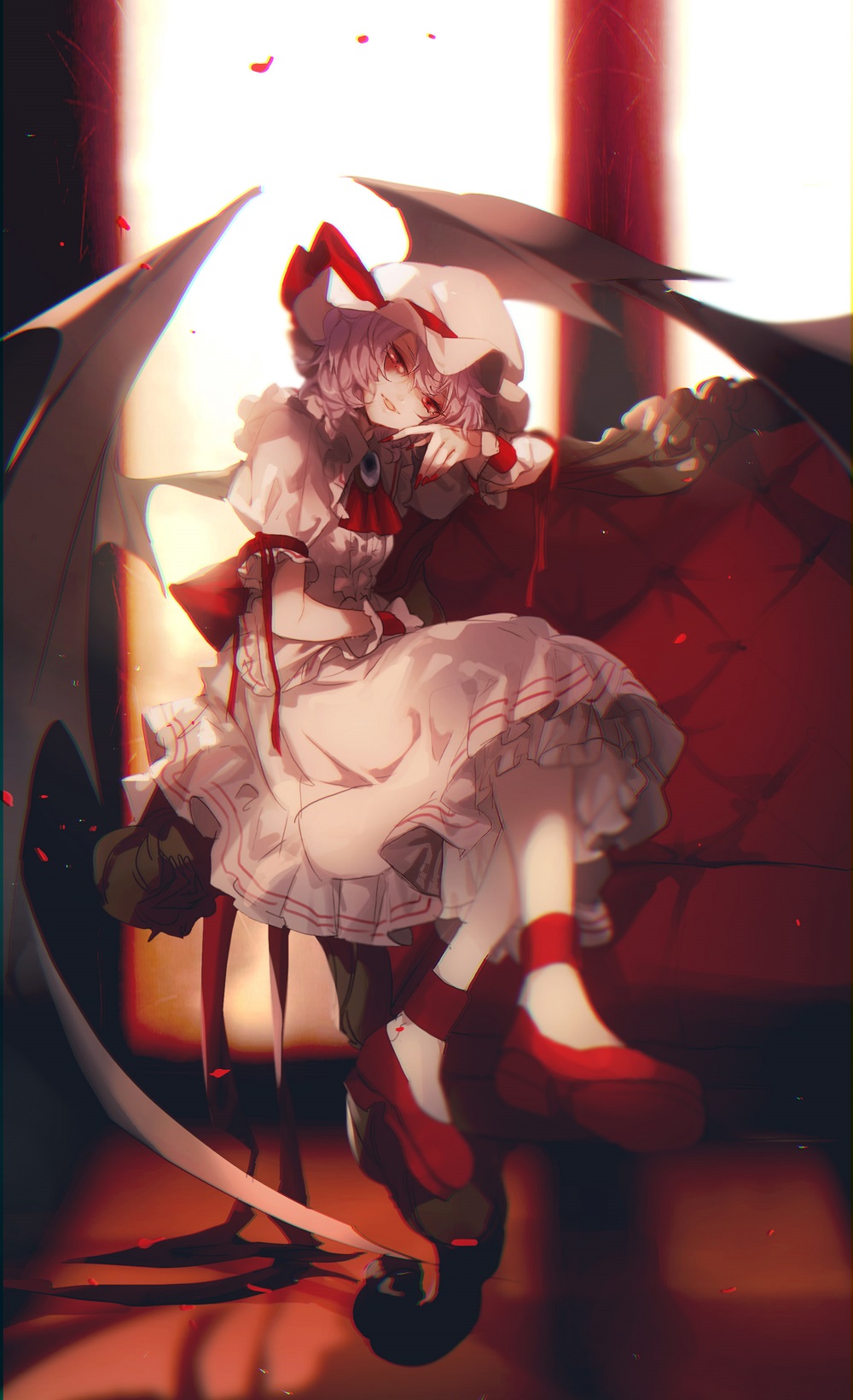 1girl ascot bat_wings blurry brooch couch depth_of_field hat hat_ribbon head_tilt highres indoors jewelry lavender_hair legs_crossed looking_at_viewer mob_cap no-kan petals red_eyes red_footwear red_ribbon remilia_scarlet ribbon rose_petals shirt shoes short_hair sitting skirt solo touhou wings
