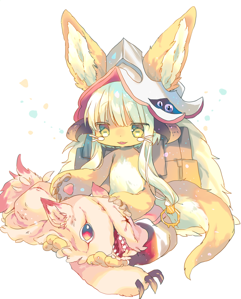 animal_ears bangs blunt_bangs commentary_request ears_through_headwear eyebrows_visible_through_hair hat horizontal_pupils horns long_hair made_in_abyss mitty_(made_in_abyss) nanachi_(made_in_abyss) nekotorina pants paws petting red_eyes sitting tail topless whiskers white_background white_hair yellow_eyes