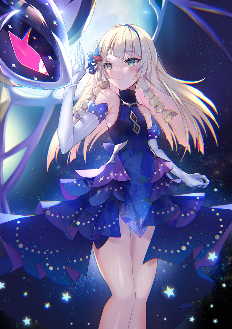 1girl bangs bare_shoulders blonde_hair blue_dress blunt_bangs blush braid closed_mouth dress elbow_gloves eyebrows_visible_through_hair flower full_moon gloves green_eyes hair_flower hair_ornament hand_up inoue_takuya_(tactactak) lillie_(pokemon) long_hair looking_at_another lunala moon night night_sky official_alternate_costume pokemon pokemon_(creature) pokemon_(game) pokemon_masters_ex red_flower sky smile star_(sky) star_(symbol) starry_sky twin_braids white_gloves