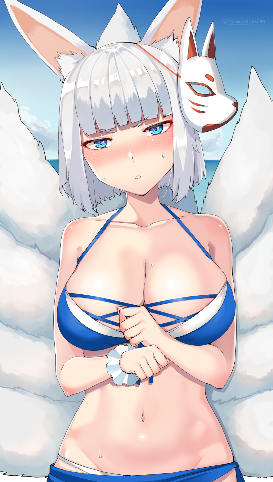 1girl animal_ears azur_lane bangs bare_shoulders bikini blue_bikini blue_eyes blue_sky blunt_bangs blush breasts cleavage collarbone commentary_request fox_ears fox_mask fox_tail full-face_blush highres kaga_(azur_lane) large_breasts looking_at_viewer mask multiple_tails nuko_(mikupantu) outdoors short_hair sky solo swimsuit tail upper_body white_hair