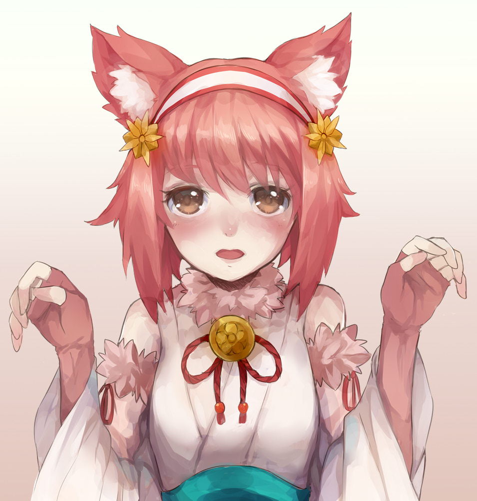 animal_ears blush breasts brown_eyes cat_ears fingerless_gloves fire_emblem fire_emblem_heroes fire_emblem_if fur_collar fur_trim gloves hairband halloween_costume jurge looking_at_viewer nekomata nontraditional_miko open_mouth paw_pose pink_hair sakura_(fire_emblem_if) sash short_hair simple_background small_breasts upper_body wide_sleeves