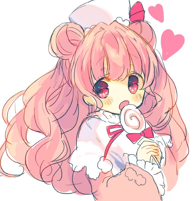 1girl :o bangs blush candy capelet coat commentary_request double_bun eyebrows_visible_through_hair food hat heart holding holding_lollipop lollipop long_hair long_sleeves looking_at_viewer nekotorina open_mouth original pink_eyes pink_hair pom_pom_(clothes) red_coat red_ribbon ribbon simple_background sketch solo sparkle sparkling_eyes swirl_lollipop two-handed white_background white_capelet white_hat wide_sleeves