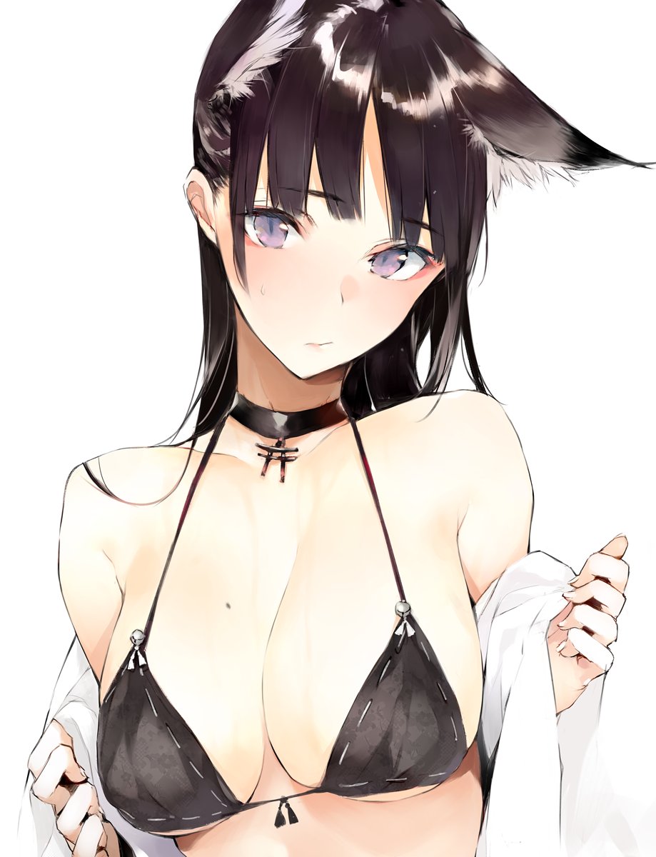 1girl animal_ears bangs bare_shoulders bikini black_bikini black_hair blunt_bangs breasts choker cleavage collarbone front-tie_bikini front-tie_top highres looking_at_viewer medium_breasts mole mole_on_breast original shiny shiny_hair shunsei_(muratou) simple_background solo swimsuit torii upper_body violet_eyes white_background