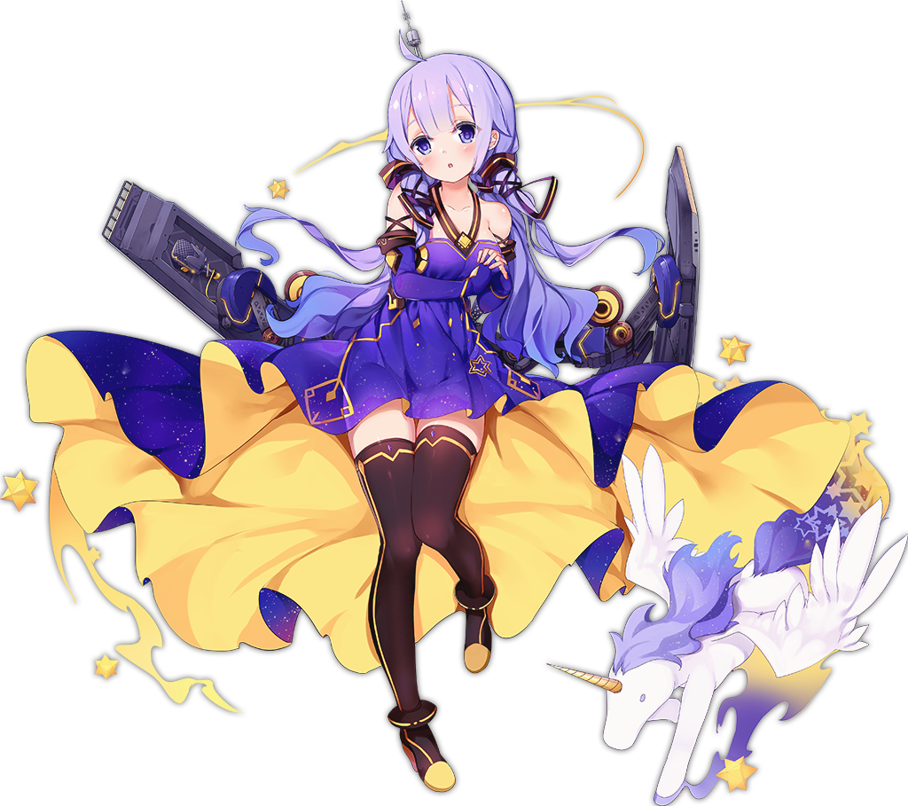 1girl alternate_costume alternate_hairstyle azur_lane black_legwear blush breasts collarbone detached_sleeves dress flight_deck hair_ornament hands_together long_hair machinery medium_breasts namesake official_art open_mouth purple_hair solo star stuffed_animal stuffed_toy thigh-highs transparent_background unicorn_(azur_lane) violet_eyes wings