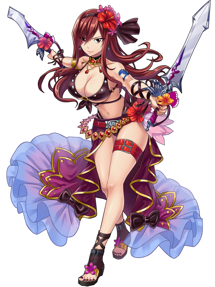 1girl bikini black_bikini black_hairband black_ribbon breasts brown_eyes brown_hair brown_nails choker cleavage dual_persona earrings erza_scarlet fairy_tail floating_hair flower full_body hair_between_eyes hair_flower hair_ornament hair_ribbon hairband hibiscus holding holding_sword holding_weapon jewelry large_breasts long_hair looking_at_viewer nail_polish navel outstretched_arms purple_flower red_flower ribbon shiny shiny_skin smile standing swimsuit sword tattoo thigh_strap toenail_polish transparent_background under_boob very_long_hair weapon