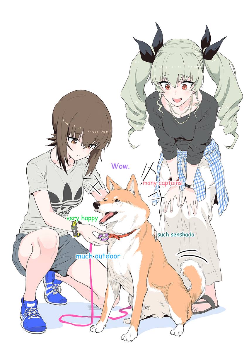 2girls anchovy brown_hair dog doge girls_und_panzer green_hair highres multiple_girls nishizumi_maho shiba_inu