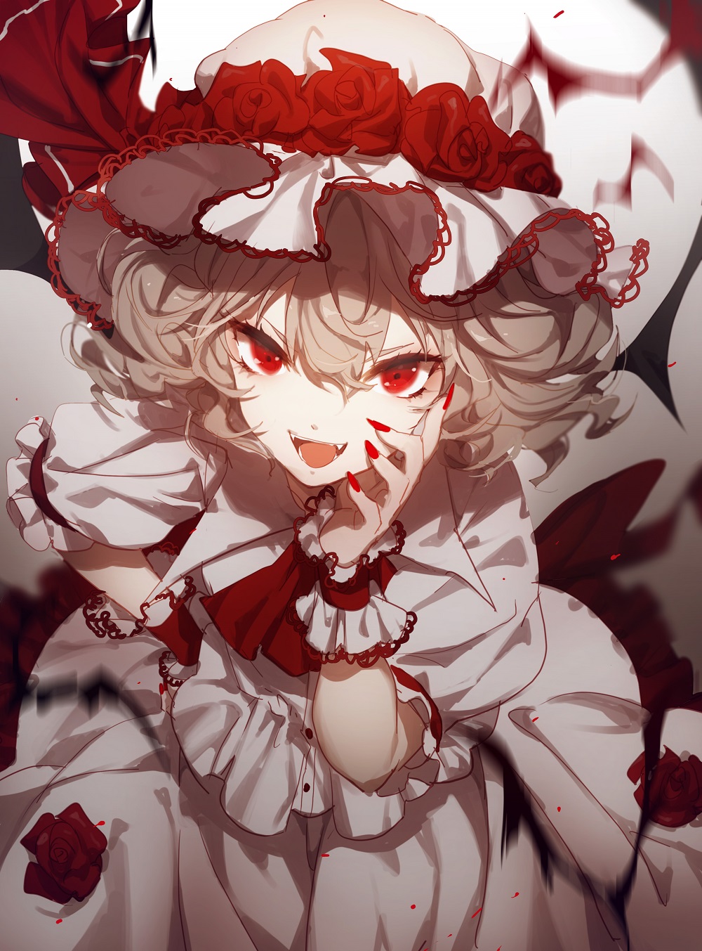 1girl bat_wings dress fangs flower highres looking_at_viewer nail_polish no-kan open_mouth puffy_short_sleeves puffy_sleeves red_eyes red_rose remilia_scarlet rose short_hair short_sleeves silver_hair solo touhou white_dress wings wrist_cuffs