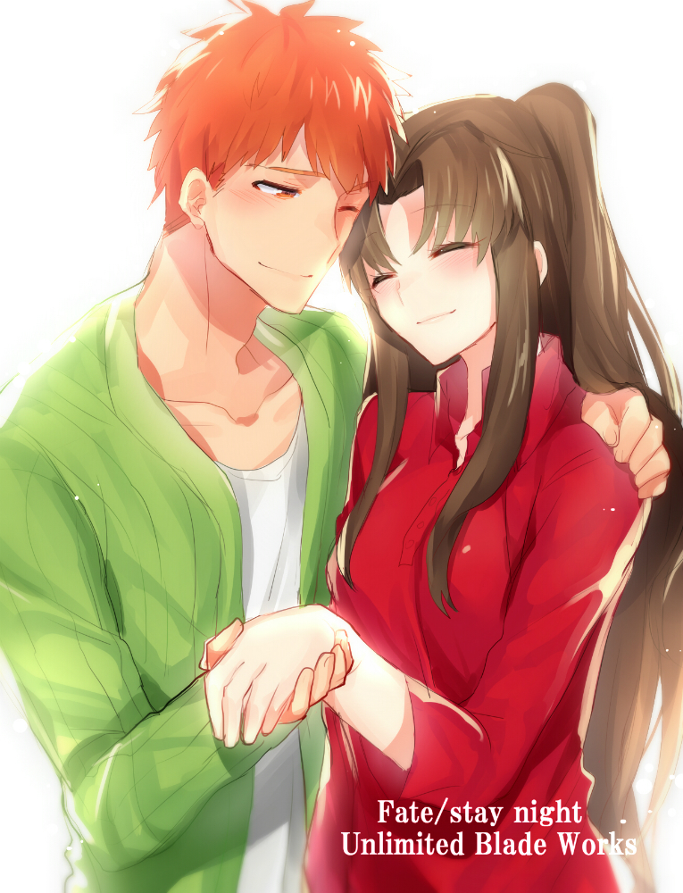 1boy 1girl black_hair blush brown_eyes closed_eyes copyright_name couple emiya_shirou fate/stay_night fate/stay_night_unlimited_blade_works fate_(series) hand_holding hand_on_another's_shoulder long_hair orange_hair smile suurin_(ksyaro) tohsaka_rin two_side_up white_background