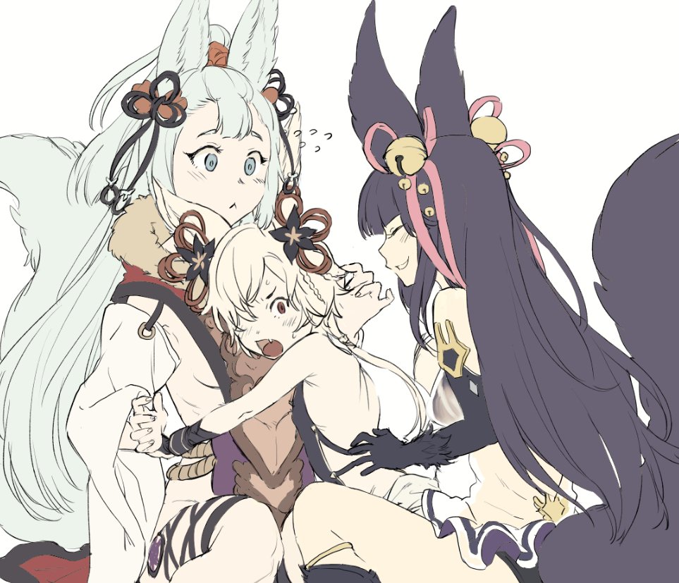 1boy 2girls animal_ears backless_outfit blue_eyes blush breasts cleavage detached_sleeves erun_(granblue_fantasy) fox_ears fox_tail granblue_fantasy hair_ornament hair_over_one_eye kou_(granblue_fantasy) long_hair multiple_girls open_mouth sideboob silver_hair smile socie_(granblue_fantasy) sunao_(souis) tail very_long_hair yellow_eyes yuel_(granblue_fantasy)