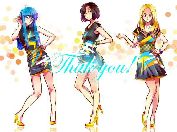 3girls bare_legs belt black_dress black_eyes black_hair blonde_hair blue_eyes blue_hair bra_(dragon_ball) bracelet dragon_ball dress expressionless eyebrows_visible_through_hair hand_in_hair hand_on_hip happy high_heels jewelry long_hair looking_at_viewer looking_away looking_up marron multicolored multicolored_clothes multicolored_dress multiple_girls ochanoko_(get9-sac) older open_mouth orange_background outstretched_hand pan_(dragon_ball) pose short_hair simple_background sleeveless sleeveless_dress smile text white_background yellow_background