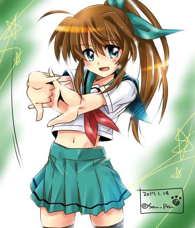 1girl ahoge bangs black_legwear blouse blue_eyes brown_hair cowboy_shot cracking_knuckles dasuto dated eyebrows_visible_through_hair fuuka_reventon green_ribbon green_skirt hair_ribbon long_hair looking_at_viewer lyrical_nanoha midriff miniskirt neckerchief open_mouth pleated_skirt ponytail red_neckwear ribbon school_uniform serafuku short_sleeves sidelocks skindentation skirt smile solo standing star striped striped_skirt thigh-highs twitter_username vivid_strike! white_blouse