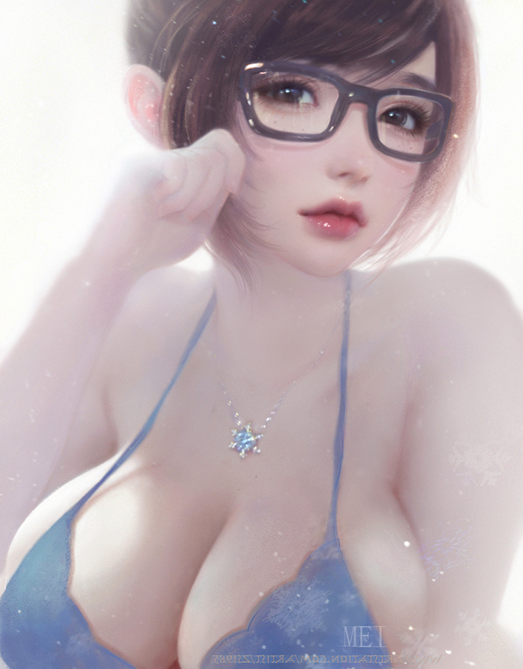 1girl bikini black-framed_eyewear blue_bikini breasts brown_eyes brown_hair cleavage collarbone eyelashes jewelry large_breasts lips lipstick makeup mei_(overwatch) necklace nose overwatch pendant portrait realistic red_lipstick revision ruoxin_zhang short_hair simple_background solo string_bikini swimsuit white_background