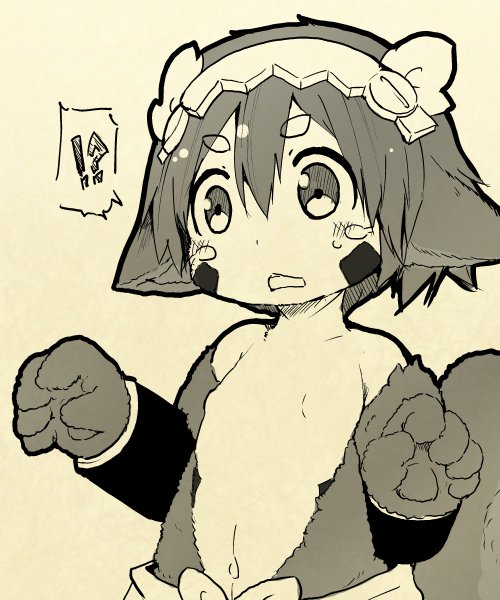 !? 1boy animal_ears bracer closed_eyes hair_between_eyes made_in_abyss male_focus monochrome monsterification navel nejime parted_lips paws regu_(made_in_abyss) sepia solo speech_bubble spoken_interrobang upper_body whisker_markings