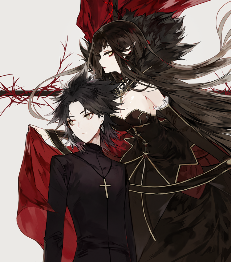 1boy 1girl assassin_of_red bangs bare_shoulders black_dress black_hair black_jacket blunt_bangs breasts cape cleavage closed_mouth cross cross_necklace dress fate/apocrypha fate_(series) fur_trim grey_background grey_eyes jacket jewelry kotomine_shirou large_breasts long_hair long_sleeves looking_at_viewer mo_(mocopo) necklace pointy_ears profile smile spiky_hair standing yellow_eyes