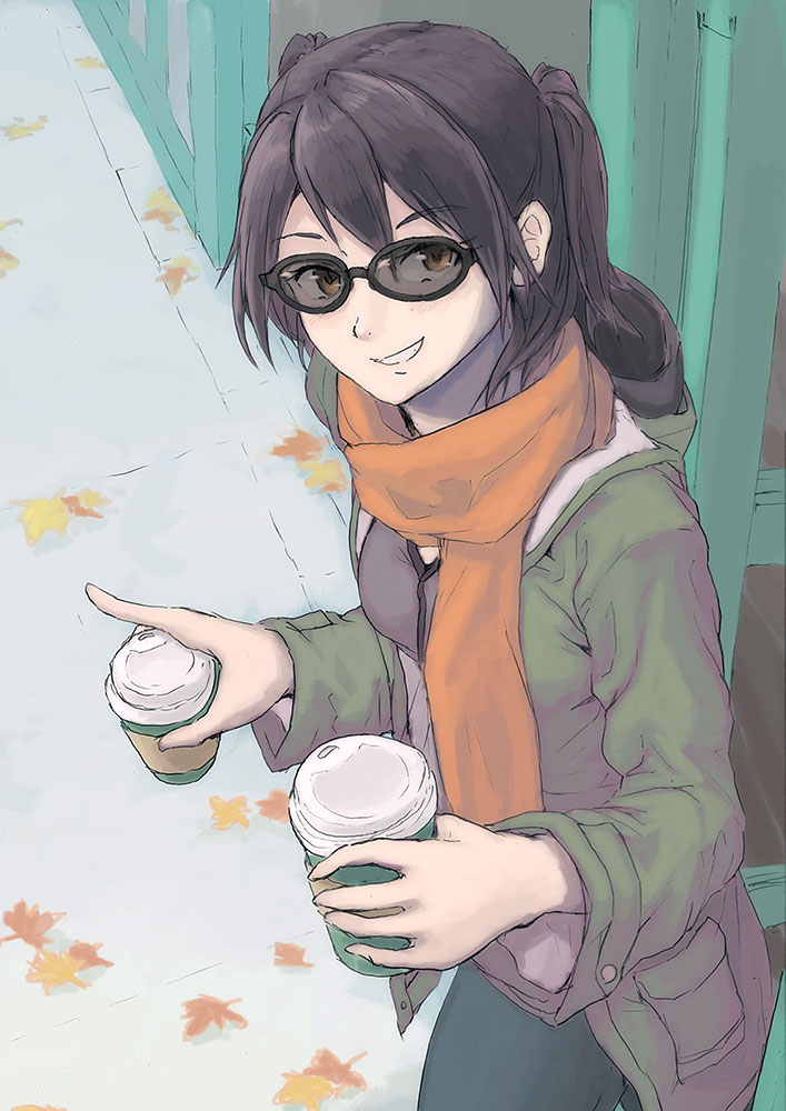 1girl brown_eyes brown_hair commentary cowboy_shot cup green_jacket holding holding_cup jacket kantai_collection leaf looking_at_viewer orange_scarf scarf sendai_(kantai_collection) smile solo sunglasses two_side_up vent_arbre