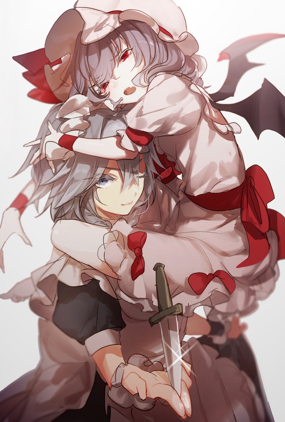 2girls bat_wings blue_eyes bow carrying eyelashes hat hat_ribbon highres hug izayoi_sakuya knife lavender_hair looking_at_viewer maid_headdress mob_cap multiple_girls no-kan one_eye_closed red_bow red_eyes red_ribbon remilia_scarlet ribbon short_sleeves silver_hair simple_background smile touhou white_background wings wrist_cuffs