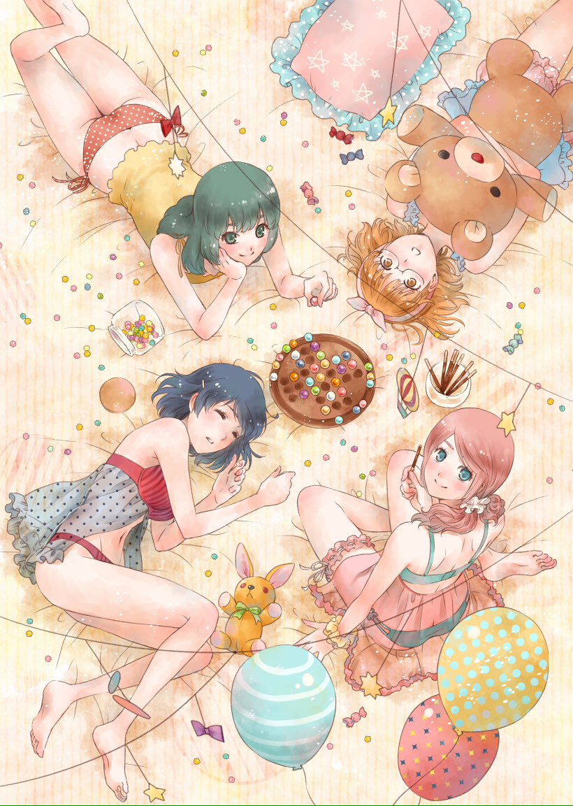 4girls aqua_bra aqua_eyes aqua_panties arm_support babydoll balloon barefoot bloomers blue_hair blush bra brown_eyes brown_hair camisole candy candy_jar candy_wrapper chemise closed_eyes doll_hug domestic_na_kanojo food glasses green_eyes green_hair hair_ornament hair_scrunchie hairband hairclip hand_on_own_cheek jar konpeitou leg_up looking_at_viewer looking_up lying medium_hair multi-strapped_panties multiple_girls on_back on_side on_stomach panties parted_lips pillow pink_bloomers pink_hair pocky polka_dot polka_dot_panties red_bra red_panties sasuga_kei scrunchie see-through short_hair side-tie_panties sitting sleeping sleepover smile sparkle_print striped stuffed_animal stuffed_toy sweets tachibana_rui teddy_bear underwear underwear_only white_scrunchie wrist_scrunchie yellow_scrunchie yokozuwari