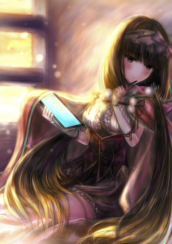 1girl arm_warmers black_hair blush brown_hair cloak commentary_request corset fate/grand_order fate_(series) frilled_skirt frills gradient_hair hair_bobbles hair_ornament hair_ribbon hairband hamamoto_shiyuu head_tilt hood hood_down hooded_cloak long_hair looking_at_viewer multicolored_hair osakabe-hime_(fate/grand_order) purple_skirt ribbon sitting skirt smile solo stylus tablet_pc twintails very_long_hair violet_eyes