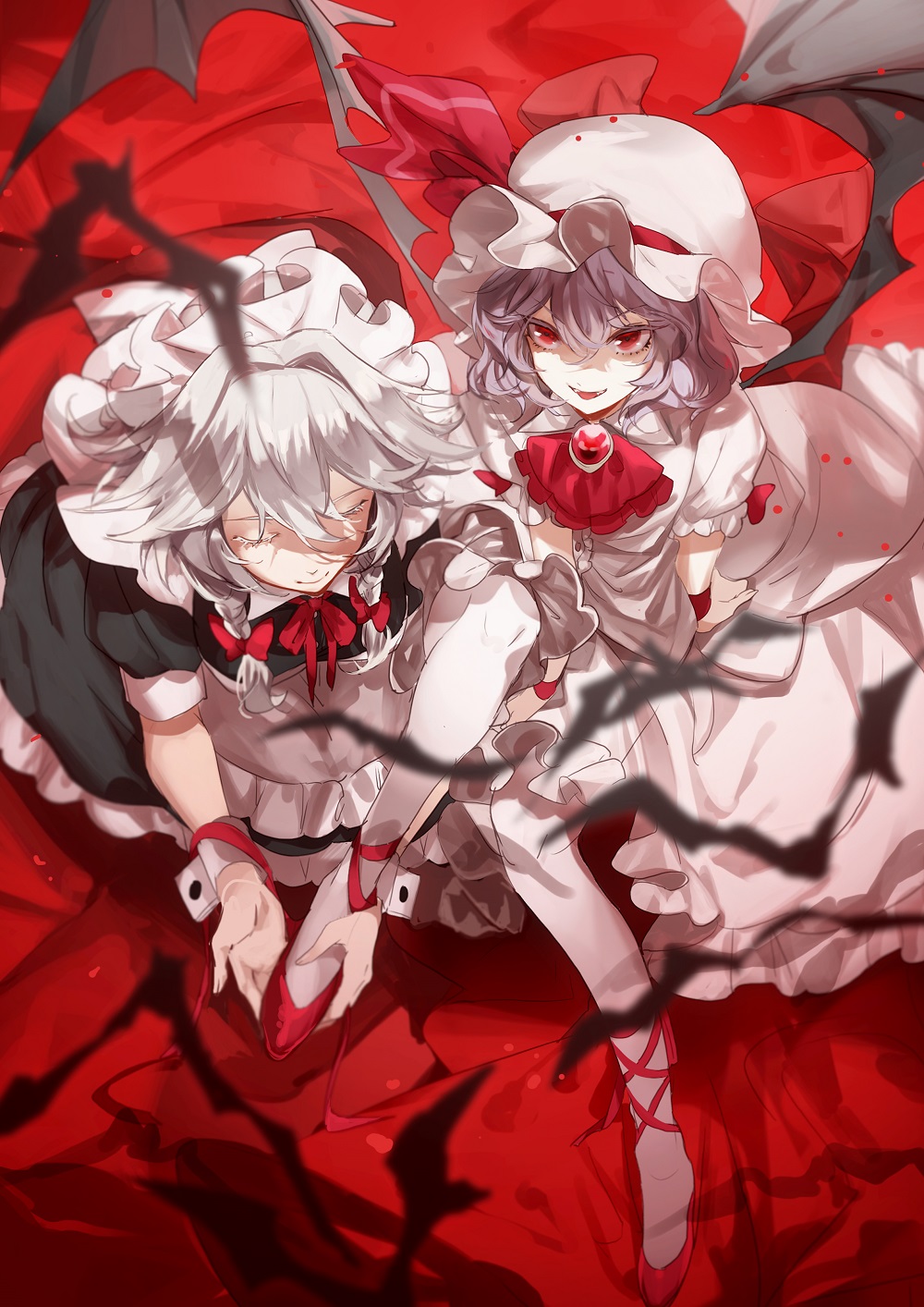 2girls apron ascot bat bat_wings black_dress bow braid brooch closed_mouth dress fangs from_above grey_hair hair_between_eyes hair_bow hat hat_ribbon highres izayoi_sakuya jewelry looking_at_viewer looking_up maid maid_headdress mob_cap multiple_girls neck_ribbon no-kan pantyhose parted_lips puffy_short_sleeves puffy_sleeves red_eyes red_footwear remilia_scarlet ribbon shoes short_sleeves silver_hair sitting smile touhou twin_braids waist_apron white_dress white_legwear wings wrist_cuffs