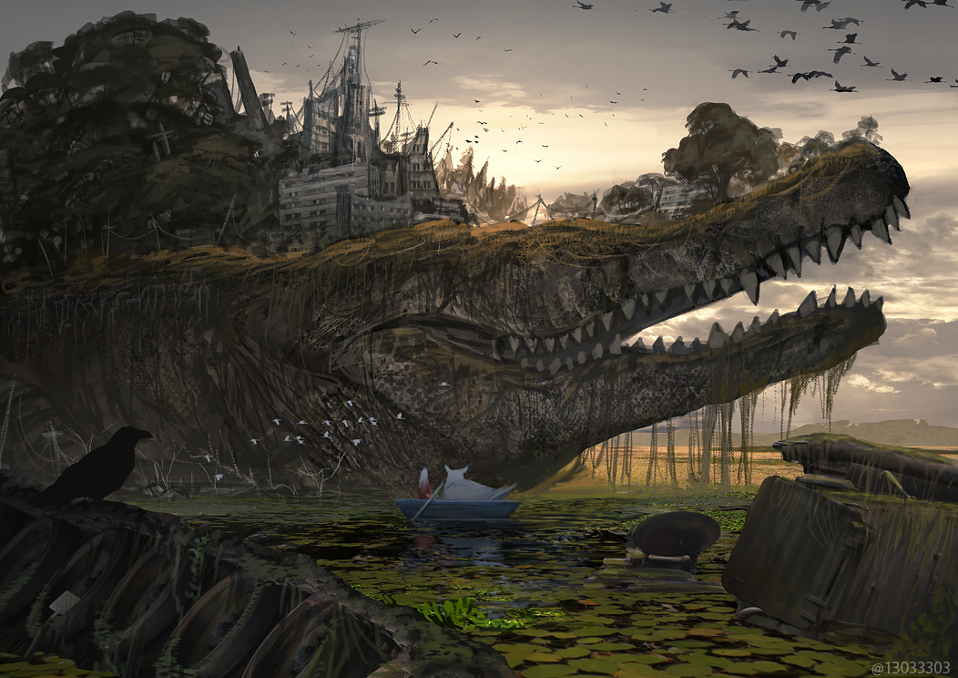 1girl alligator anachronism arizuka_(13033303) backlighting bird boat building city clouds crocodilian dark lily_pad original owl plant scenery sky sunset teeth tire twitter_username vines water watercraft