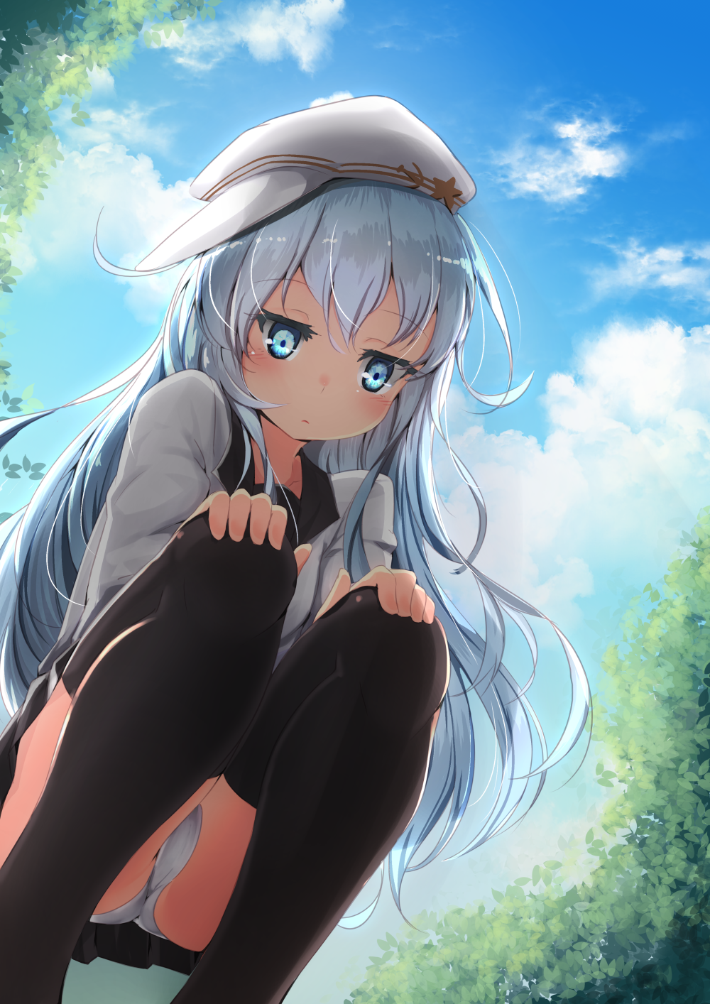 1girl ass bangs black_legwear black_skirt blue_eyes blue_hair blue_sky blush closed_mouth clouds day expressionless eyebrows_visible_through_hair flat_cap from_below grey_shirt hammer_and_sickle hands_on_own_knees hat hibiki_(kantai_collection) highres inu3 jitome kantai_collection long_hair looking_down miniskirt outdoors panties pantyshot pantyshot_(squatting) remodel_(kantai_collection) shirt skirt sky solo squatting star thigh-highs underwear upskirt verniy_(kantai_collection) very_long_hair white_hat