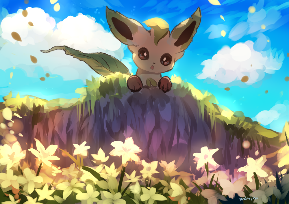 :o blue_sky brown_eyes clouds day field flower leafeon looking_at_viewer manino_(mofuritaionaka) no_humans outdoors pokemon pokemon_(creature) signature sky solo