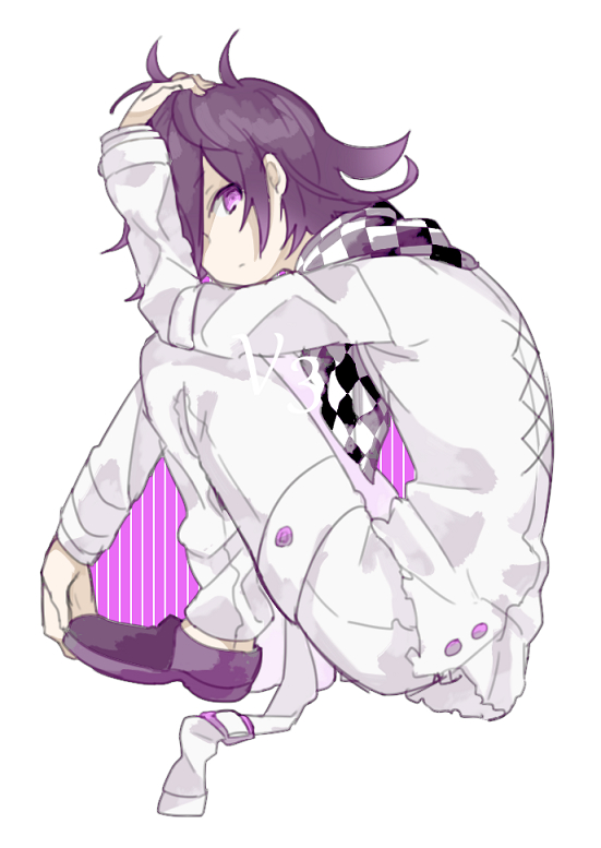 1boy arm_on_head checkered_scarf dangan_ronpa miduki_toya new_dangan_ronpa_v3 ouma_kokichi purple_hair scarf simple_background sitting straitjacket violet_eyes