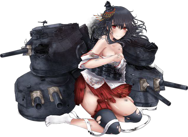 1girl bare_shoulders black_hair blush breasts broken broken_weapon burnt_clothes cannons closed_mouth covering covering_breasts damaged detached_sleeves floral_print full_body hair_ornament headband_removed kantai_collection kanzashi kneeling looking_at_viewer medium_breasts messy_hair miniskirt no_shoes off_shoulder red_eyes remodel_(kantai_collection) ribbon_removed rigging rikka_(rikka331) short_hair sideboob skirt solo tabi thigh_strap thighs torn_clothes transparent_background turret weapon wide_sleeves yamashiro_(kantai_collection)