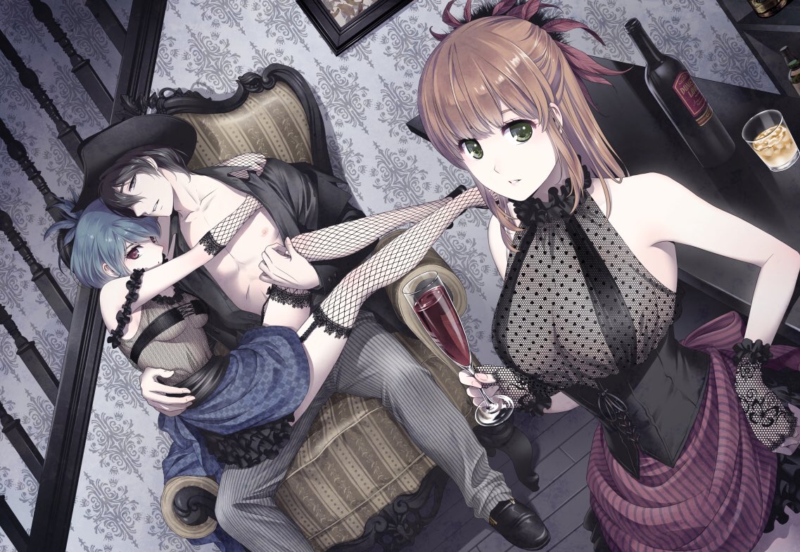 1boy 2girls alcohol black_shirt blue_hair bottle breasts brown_eyes brown_hair counter cup domestic_na_kanojo drinking_glass expressionless feathers fingerless_gloves fishnet_gloves fishnets fujii_natsuo gloves hair_feathers hetero hug large_breasts medium_breasts multiple_girls open_clothes open_shirt pants parted_lips pinstripe_pattern railing red_eyes sasuga_kei shirt shoes shot_glass sitting sitting_on_lap sitting_on_person skirt stairs striped tachibana_hina tachibana_rui underbust vertical-striped_skirt vertical_stripes wine_bottle wine_glass