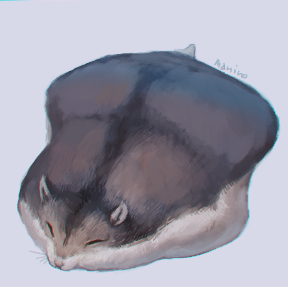 animal closed_eyes commentary_request flattened full_body grey_background hamster lying manino_(mofuritaionaka) no_humans on_stomach original signature simple_background sleeping solo