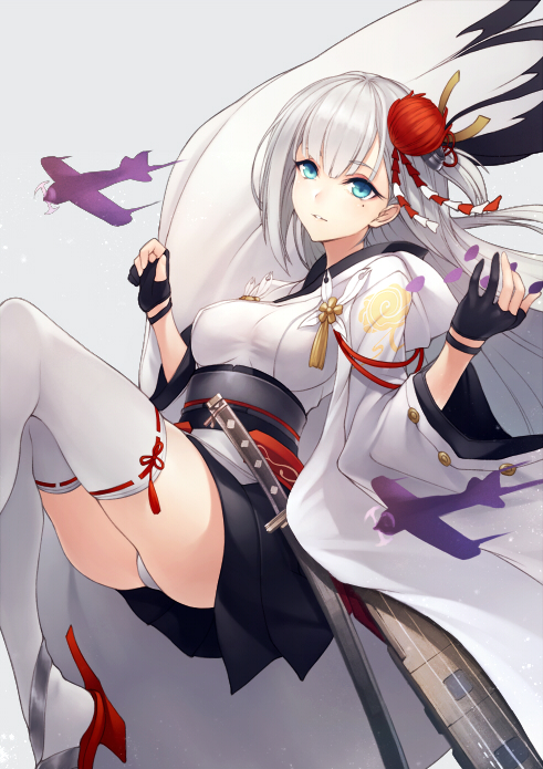 1girl aircraft airplane azur_lane bangs black_gloves black_skirt eyebrows_visible_through_hair gloves green_eyes grey_background hair_ornament hakama_skirt hands_up japanese_clothes kanzashi kimono knees_up kyoeiki long_hair looking_at_viewer mole mole_under_eye obi parted_lips partly_fingerless_gloves pleated_skirt ribbon-trimmed_legwear ribbon_trim sash shoukaku_(azur_lane) silver_hair simple_background skirt smile solo thigh-highs thighs white_kimono white_legwear wide_sleeves