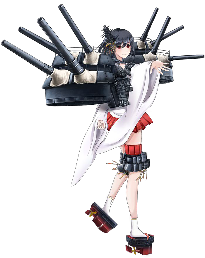 1girl arm_behind_back black_hair cannons closed_mouth detached_sleeves from_side full_body hair_ornament hull_shoes japanese_clothes kantai_collection kanzashi kimono legs light_smile looking_at_viewer miniskirt nontraditional_miko outstretched_hand red_eyes rigging rikka_(rikka331) sandals short_hair skirt solo tabi tassel thigh_strap transparent_background turret walking wide_sleeves yamashiro_(kantai_collection)