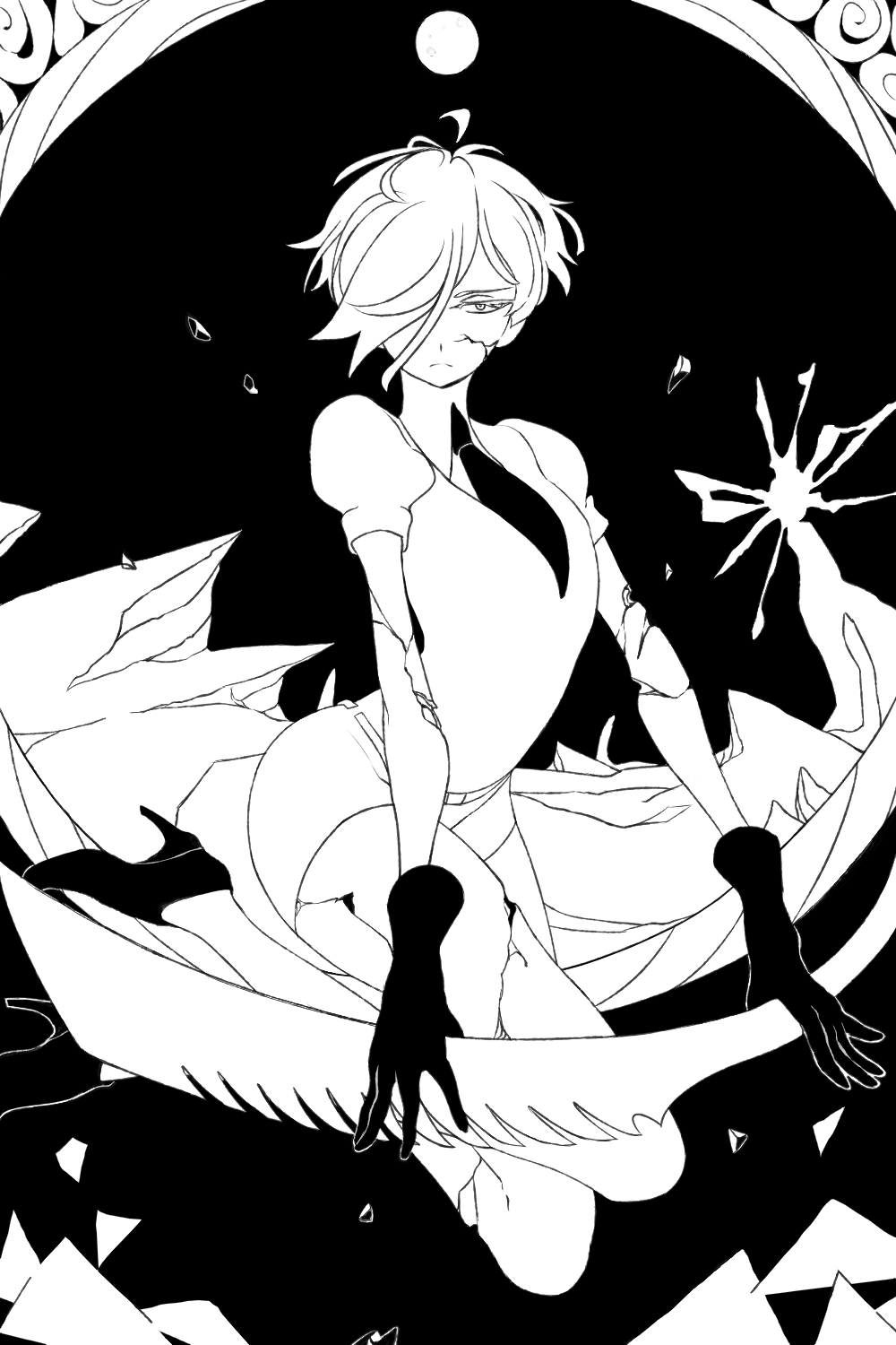 androgynous antarcticite black_gloves cibastion cracked_skin gloves hair_over_one_eye highres houseki_no_kuni looking_at_viewer monochrome necktie short_shorts shorts solo thighs uniform