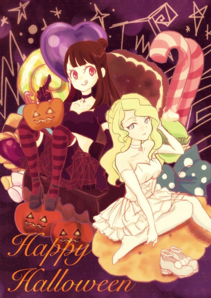2girls artist_request black_dress blonde_hair blue_eyes brown_hair candy commentary_request diana_cavendish dress food halloween halloween_costume jack-o'-lantern kagari_atsuko little_witch_academia multiple_girls red_eyes tongue tongue_out white_dress witch