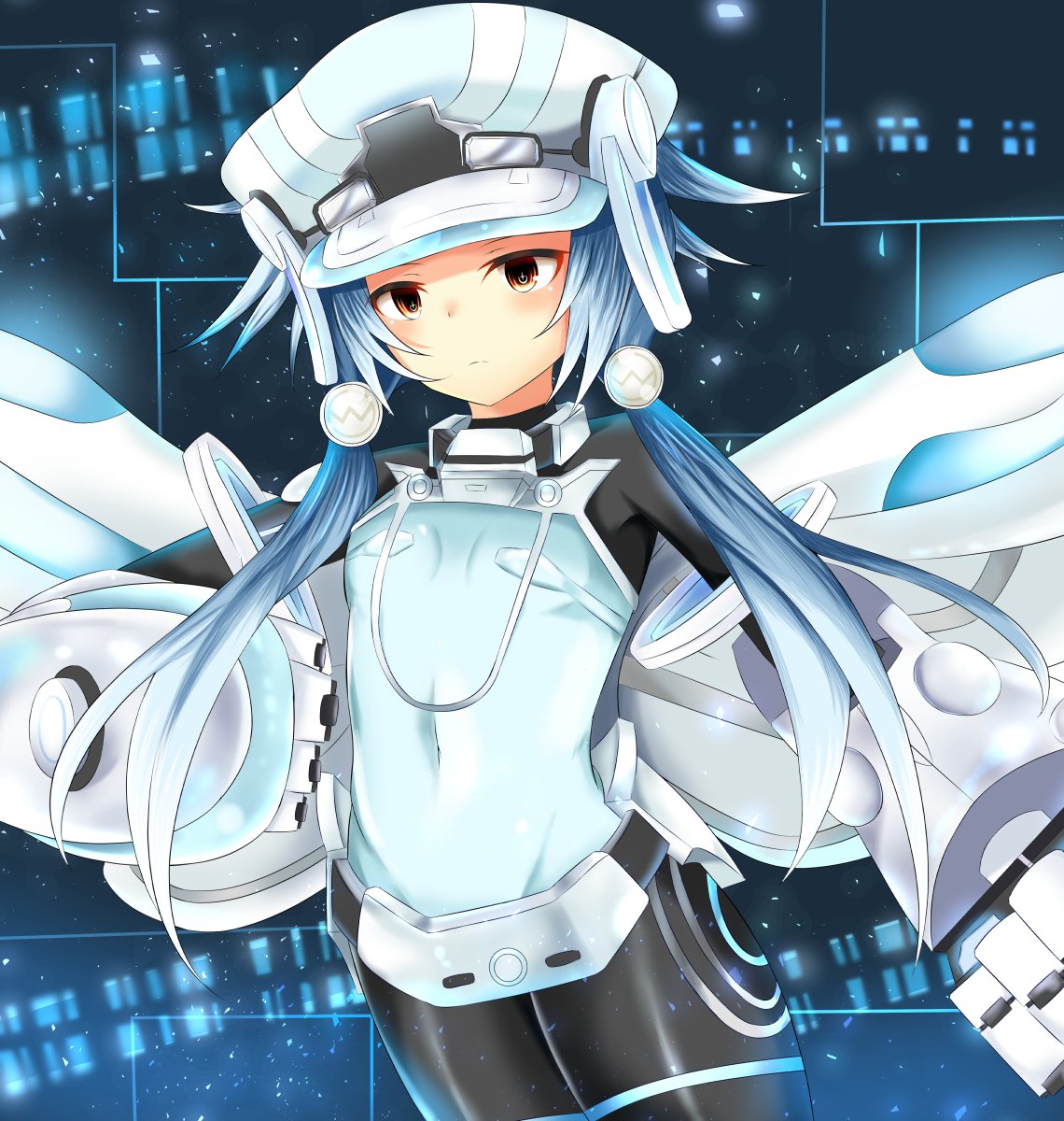 1girl armor blue_hair bodysuit breasts cabbie_hat hair_ornament hat highres long_hair looking_at_viewer neptune_(series) next_white red_eyes shin_jigen_game_neptune_vii short_hair short_hair_with_long_locks solo symbol-shaped_pupils white_heart wings