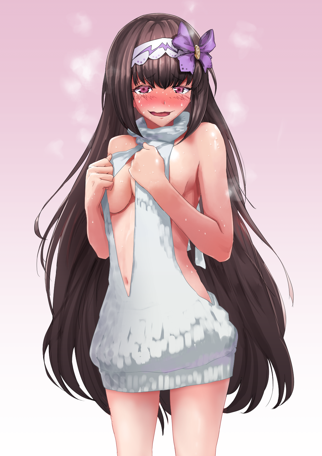 1girl backless_outfit bare_shoulders black_hair blush breasts dress embarrassed fate/grand_order fate_(series) full-face_blush hair_ribbon hairband highres long_hair looking_at_viewer medium_breasts meme_attire naked_sweater navel no_bra open-back_dress open_mouth osakabe-hime_(fate/grand_order) pink_background ribbon solo standing sweat sweatdrop sweater sweater_dress sweating_profusely taku_(user_nxgk7748) turtleneck turtleneck_sweater very_long_hair violet_eyes virgin_killer_sweater wavy_mouth