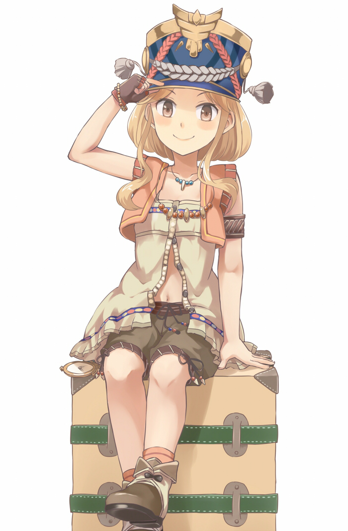 &gt;:) 1girl :d armband atelier_(series) atelier_escha_&amp;_logy blonde_hair blush boots brown_eyes brown_footwear brown_gloves brown_shorts collarbone fingerless_gloves gloves hand_on_headwear hat jewelry katla_larchica looking_at_viewer machikado necklace open_mouth orange_legwear revision shako_cap shirt short_hair_with_long_locks shorts single_glove sitting sleeveless sleeveless_shirt smile socks solo suitcase white_background white_shirt