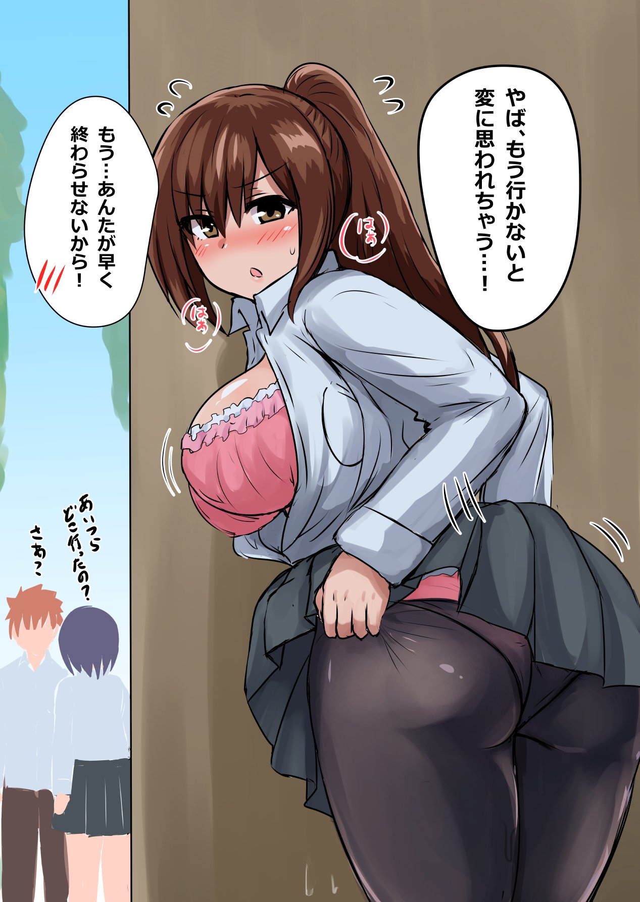 1boy 2girls ass blush breasts brown_eyes brown_hair embarrassed faceless faceless_female faceless_male flying_sweatdrops highres large_breasts long_hair looking_at_viewer looking_back multiple_girls open_clothes open_mouth original panties ponytail public school_uniform senshiya skirt sweat thigh-highs translation_request underwear uniform