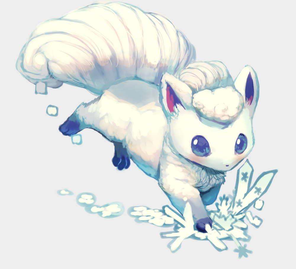 alolan_vulpix blue_eyes full_body grey_background looking_at_viewer manino_(mofuritaionaka) no_humans pokemon pokemon_(creature) simple_background snow solo vulpix