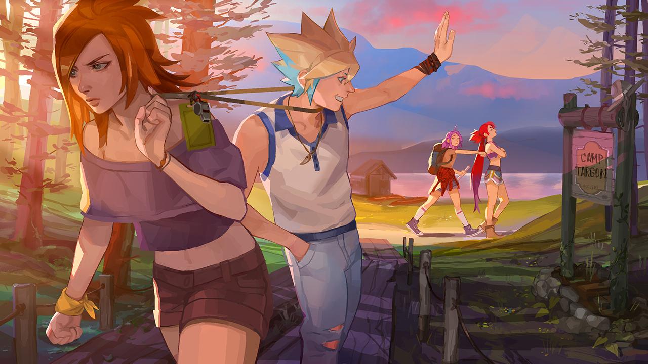 1boy 3girls ahoge alternate_costume backpack bag blonde_hair blue_hair boots bracelet casual clothes_around_waist denim ezreal forest grey_eyes hand_in_pocket jacket_around_waist jeans jewelry jinx_(league_of_legends) lake league_of_legends long_hair looking_back luxanna_crownguard mountain multicolored_hair multiple_girls nature pants pink_hair pulled_by_another purple_hair pushing quad_tails redhead ribbon sarah_fortune shirt short_hair shorts sign sleeveless sleeveless_shirt star_guardian_ezreal star_guardian_jinx star_guardian_lux star_guardian_miss_fortune tooth_necklace torn_clothes torn_jeans trail two-tone_hair very_long_hair waving whistle wrist_ribbon