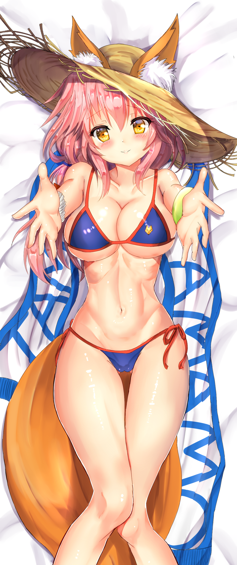 1girl animal_ears bangs bikini blue_bikini blush breasts closed_mouth collarbone fate/grand_order fate_(series) foreshortening fox_ears fox_tail hat highres large_breasts long_hair looking_at_viewer lying mogupuchi navel on_back panties pink_hair scrunchie side-tie_panties smile solo stomach straw_hat swimsuit tail tamamo_(fate)_(all) tamamo_no_mae_(swimsuit_lancer)_(fate) underwear wrist_scrunchie yellow_eyes