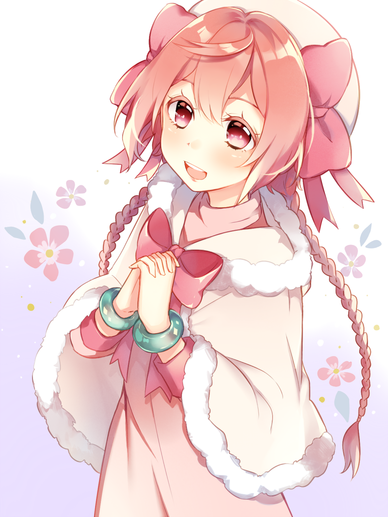 1girl :d ahoge blush bow bracelet braid cape flower hands_together hat hat_bow jewelry leafwow lily_(netojuu_no_susume) long_hair looking_at_viewer netojuu_no_susume open_mouth pink_bow pink_eyes pink_hair smile solo standing twin_braids