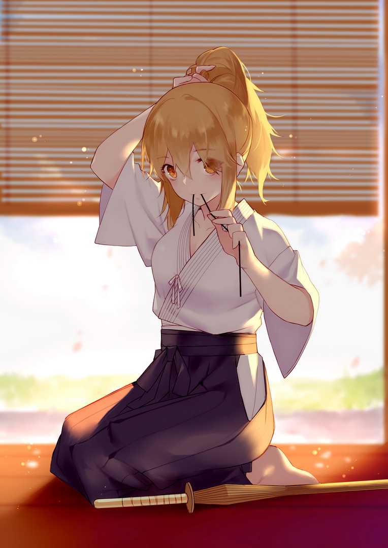 1girl arm_up barefoot black_hakama black_ribbon blonde_hair blurry blurry_background blush breasts cleavage closed_mouth day depth_of_field eyebrows_visible_through_hair fate/stay_night fate_(series) fujimura_taiga full_body hakama hip_vent indoors japanese_clothes joseph_lee kimono long_hair looking_at_viewer medium_breasts mouth_hold on_floor orange_eyes petals ribbon seiza short_hair short_sleeves sitting smile solo sunlight sword tying_hair weapon white_kimono wooden_sword