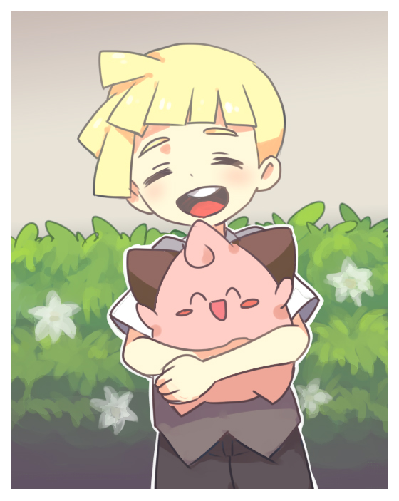 1boy blonde_hair child cleffa closed_eyes gladio_(pokemon) open_mouth pokemon pokemon_(creature) pokemon_(game) pokemon_sm short_hair shorts smile vest younger yoyterra